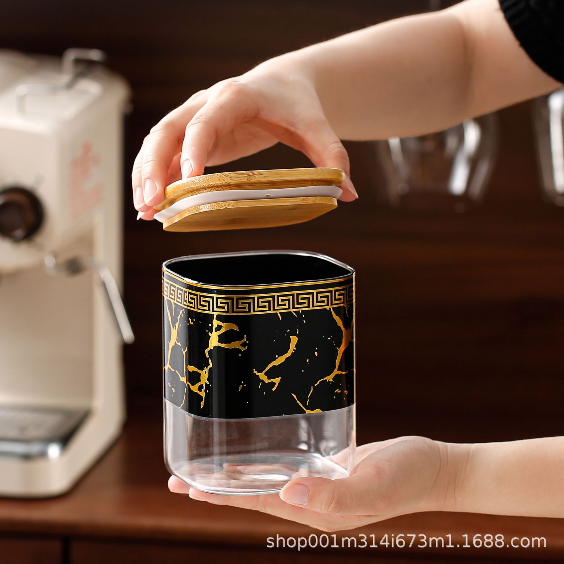 Tanque de sellado cuadrado de vidrio tanque de almacenamiento de exportación transfronterizo cubierta de madera tanque de almacenamiento de té de cocina condimento lata de café