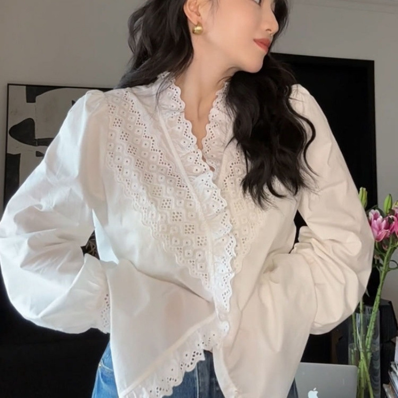 Jin Bukang French Style Lace Embroidered Long Sleeve Shirt Women's Autumn New Loose Design Niche Sense Top