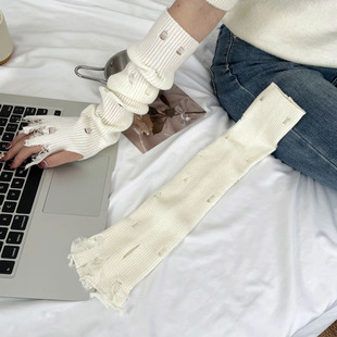 (Ripped design) Korean-style finger gloves for riding sun protection and cold protection knitted ripped oversleeves simple personality