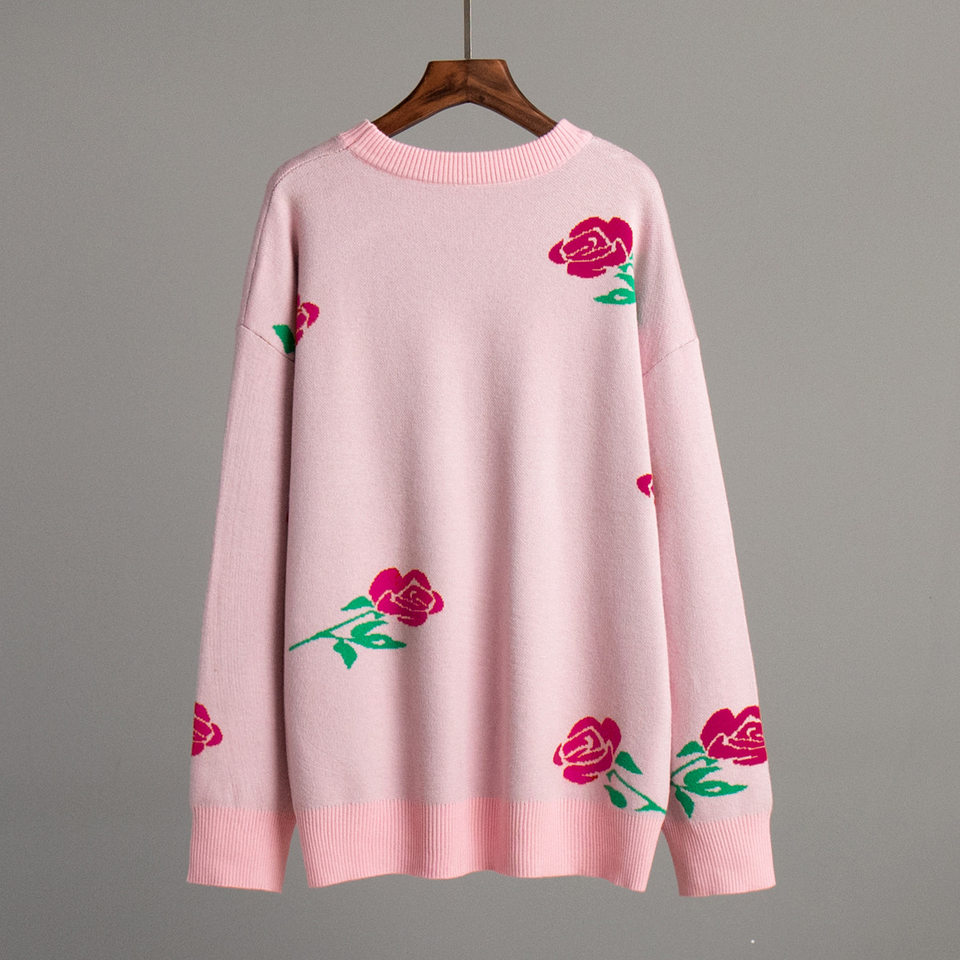 Áo len nữ cổ tròn dệt kim in hoa hồng dài tay form rộng — Màu hồng, Màu xám, Màu đen chi tiết 6