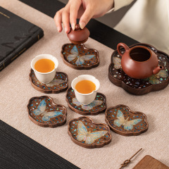 北美黑胡桃木创意实木杯垫如意蝴蝶螺钿中式茶杯托女性茶具配件