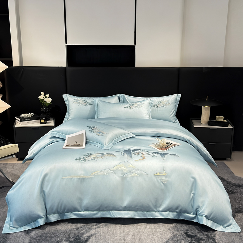 Summer Cool Ice Silk Quilt Cover Elegant Landscape Painting Ice Silk Four-piece Set Summer, Suitable For Sleeping Naked, Includes Duvet Cover, Fi_voghion.com
