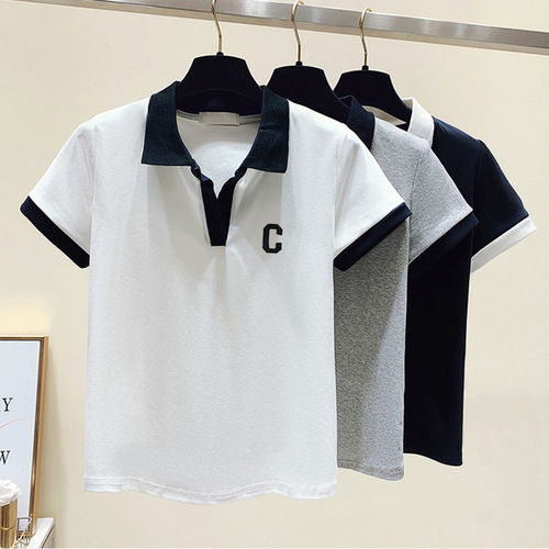 Plus-size women's polo shirts with straight shoulders, short-sleeve T-shirts for the 2025 summer, for micro-fat mm to cover the stomach and look slimmer, V-neck tops