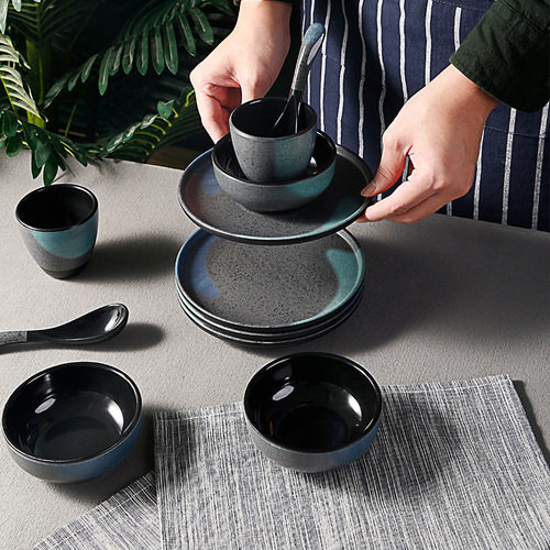 Set of 4 high-end melamine imitating porcelain tableware for hot pot restaurants, restaurants, and hotels, including plastic spoon, cup, bowl, and plate set