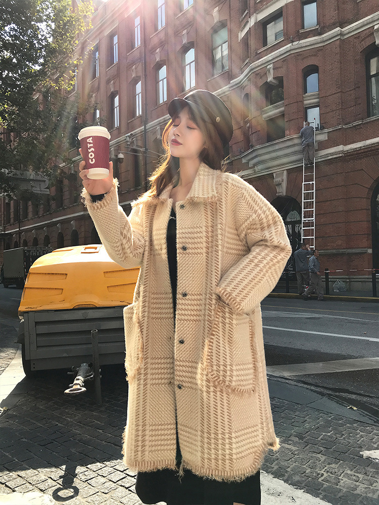 Autumn and Winter 2024 New Cocoon-Shaped Houndstooth Woolen Coat Double-Sided Cashmere Coat for Women Mink Velvet Mid-Length Style