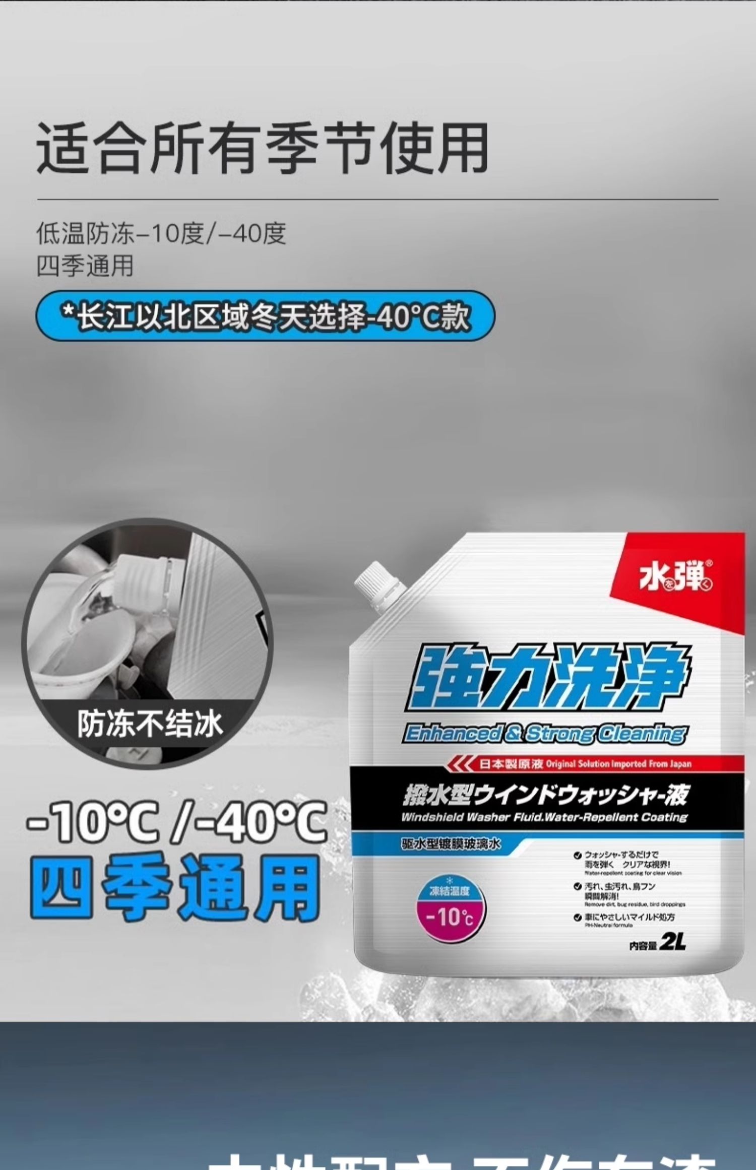 Japanese water-repellent coating glass water, suitable for all seasons, anti-freeze, oil film remover, car decontamination wiper fluid