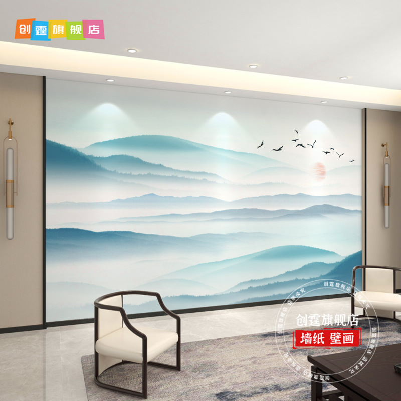 千里江山图电视背景墙壁布客厅新款中式壁纸3d立体壁画影视墙|undefined