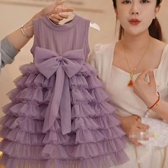 Little Girls' Dress 2024 Summer New Fashion Cute Princess Cake Net Headband