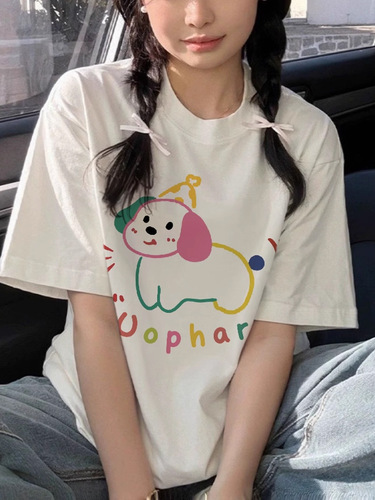 Summer Trend Fun Cartoon Cute Print Design Short Sleeve T-Shirt Loose Casual Versatile Base Shirt