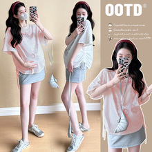 实拍现货 孕妇夏装套装2025新款 包臀小短裙+抽绳上衣