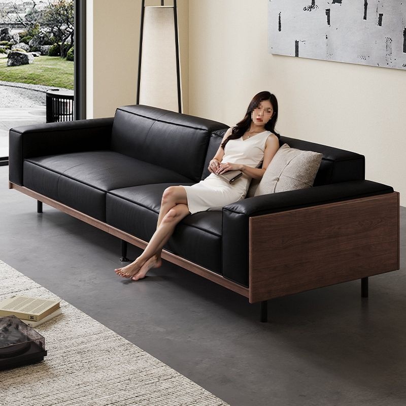 Italian Mid-Century Style Tofu Block Sofa Small Apartment Living Room Retro First Layer Cowhide Solid Wood Straight Row High Legs