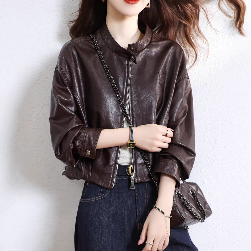 [Little Monster Style] Oil-Waxed Sheepskin Women's Stand-Collar Short Genuine Leather Haining Leather Jacket New