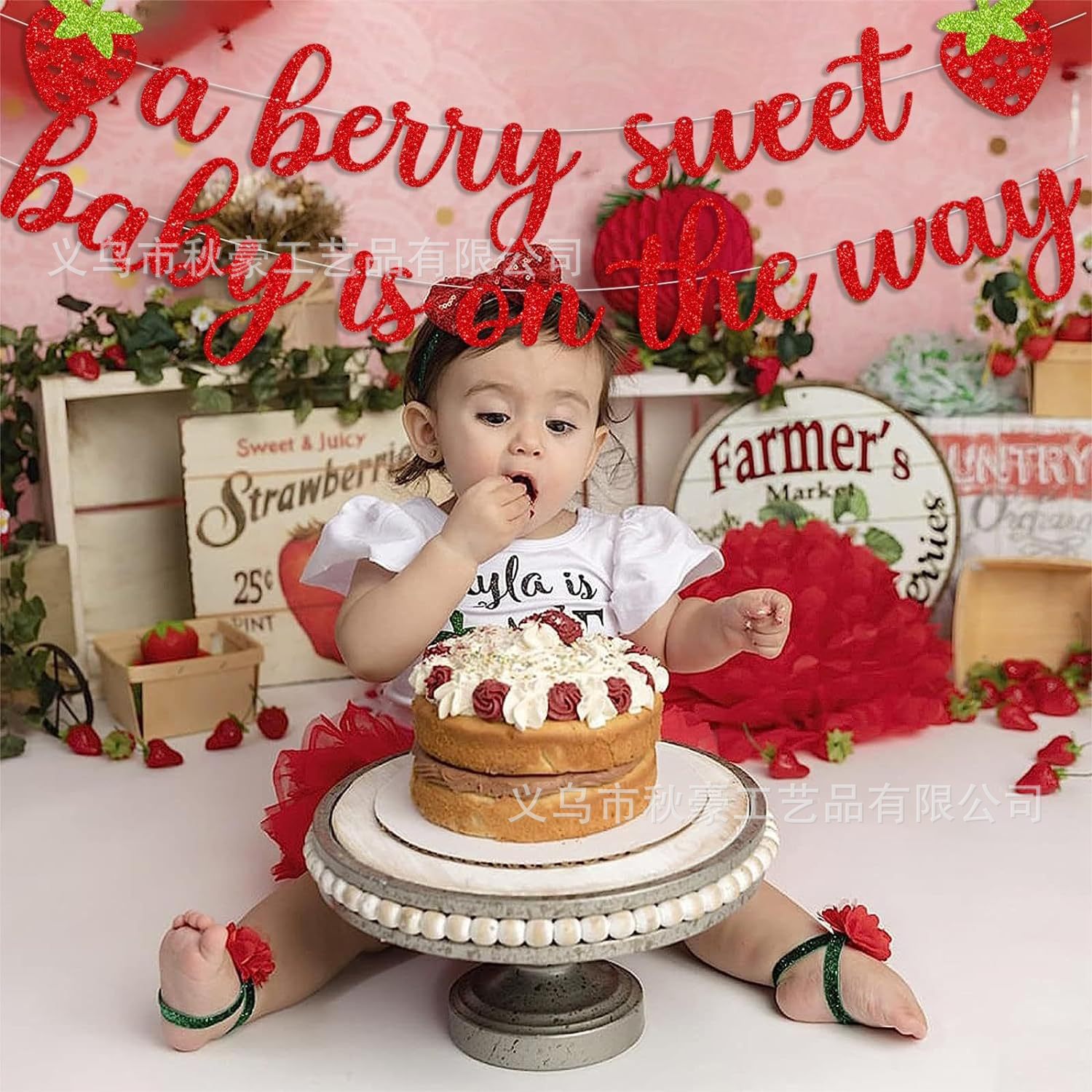 Tema de la fresa 1 año banner de cumpleaños, decoración de fiesta de la fresa brillante, suministros de la bandera, accesorios de diseño del lugar