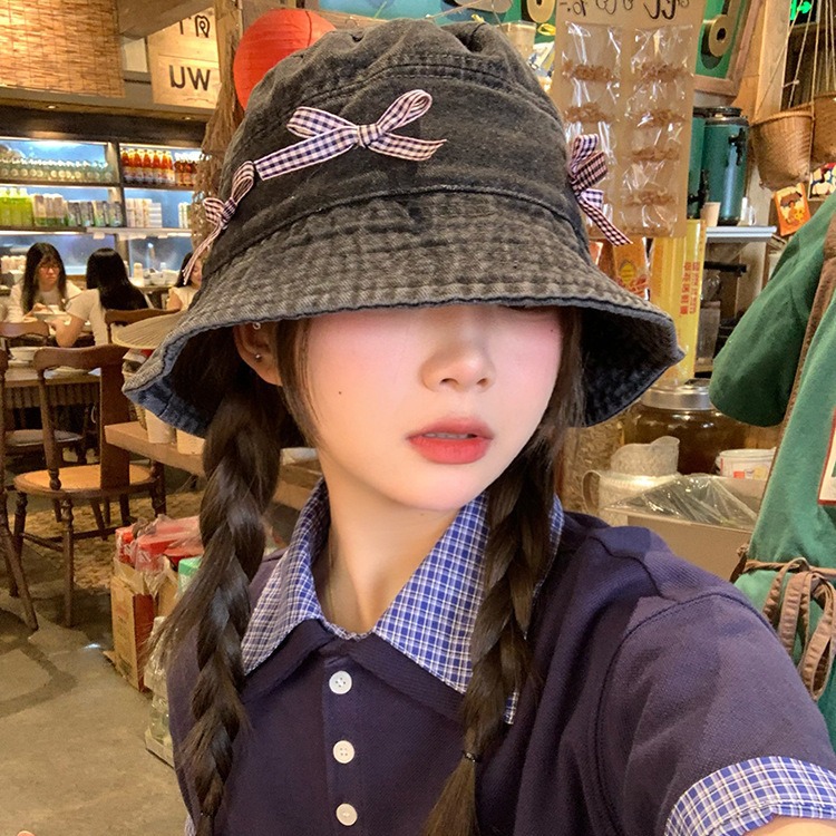 Japón retro arco vaquero sombrero pescador mujer dulce encantador versátil sombrero de bañera de protección solar grande alrededor de la cabeza muestra cara pequeña