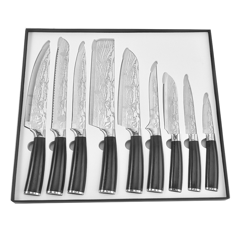 Yangjiang fábrica Damasco láser patrón de pintura de acero inoxidable cuchillo conjunto cuchillo de cocina cuchillo de pan cuchillo de fruta cuchillo traje