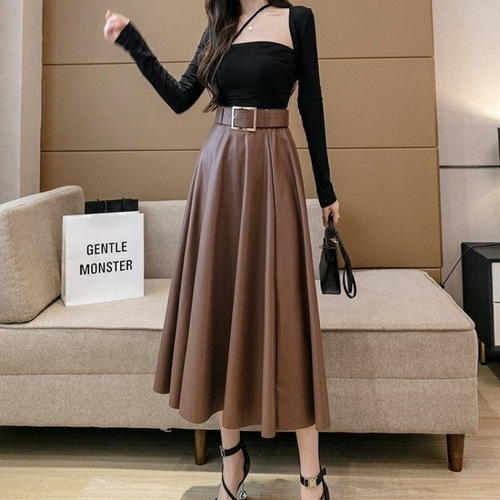 Coffee color leather skirt, new high-waisted pleated skirt, women's spring and autumn mid-long hip long dress