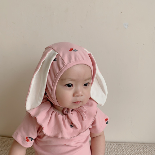 2024 new baby jumpsuit suit ins Korean version cherry print cute rabbit shape romper and hat