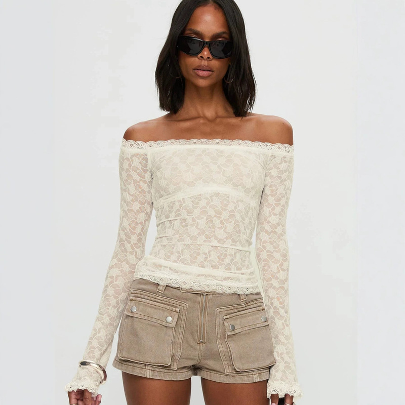 Y2K sweet and cool style off-shoulder floral lace top, cream-colored sheer long-sleeve fitted one-shoulder top
