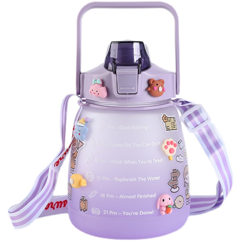 Taza de agua de plástico de grado alimenticio de gran capacidad de color gradiente portátil de paja de dibujos animados taza de abdomen de gran mango elástico tetera de agua