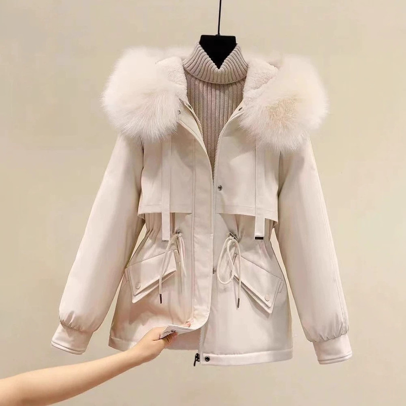Fleece-lined thickened parka for women, short, loose, plus-size down cotton coat, autumn and winter Korean-style hooded casual cotton jacket