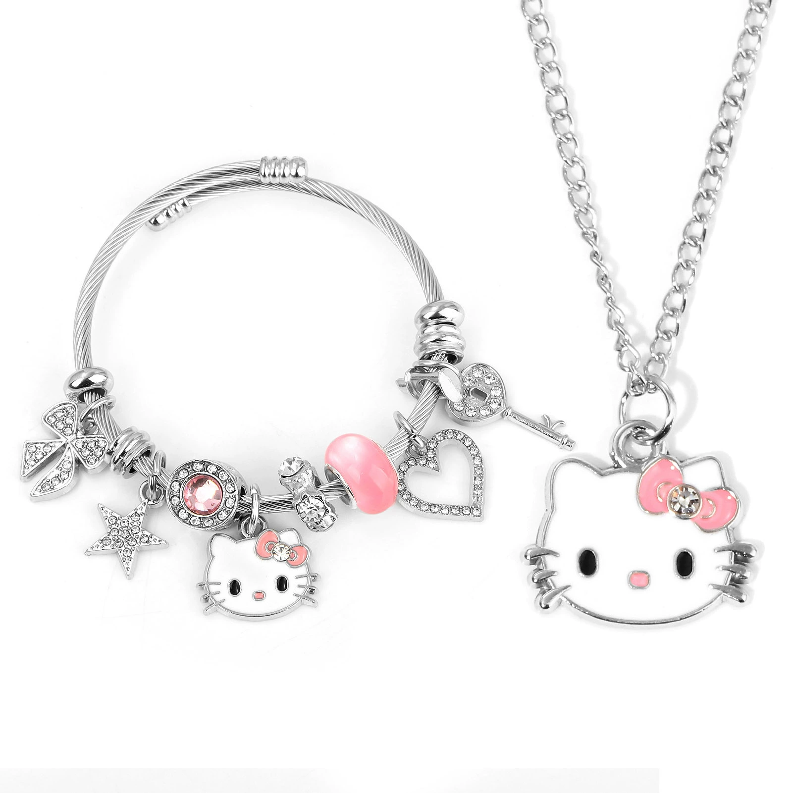 Набор браслета и брелока (Hello Kitty) с подвеской-бантиком, милые мультяшные подвески, assorted colors