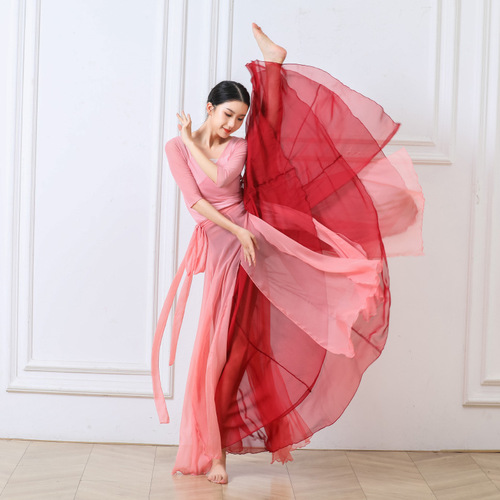Chinese classical dance attire 720-degree flowing semi-body skirt with double-layered large swing dress set, ethnic-style stage performance costume