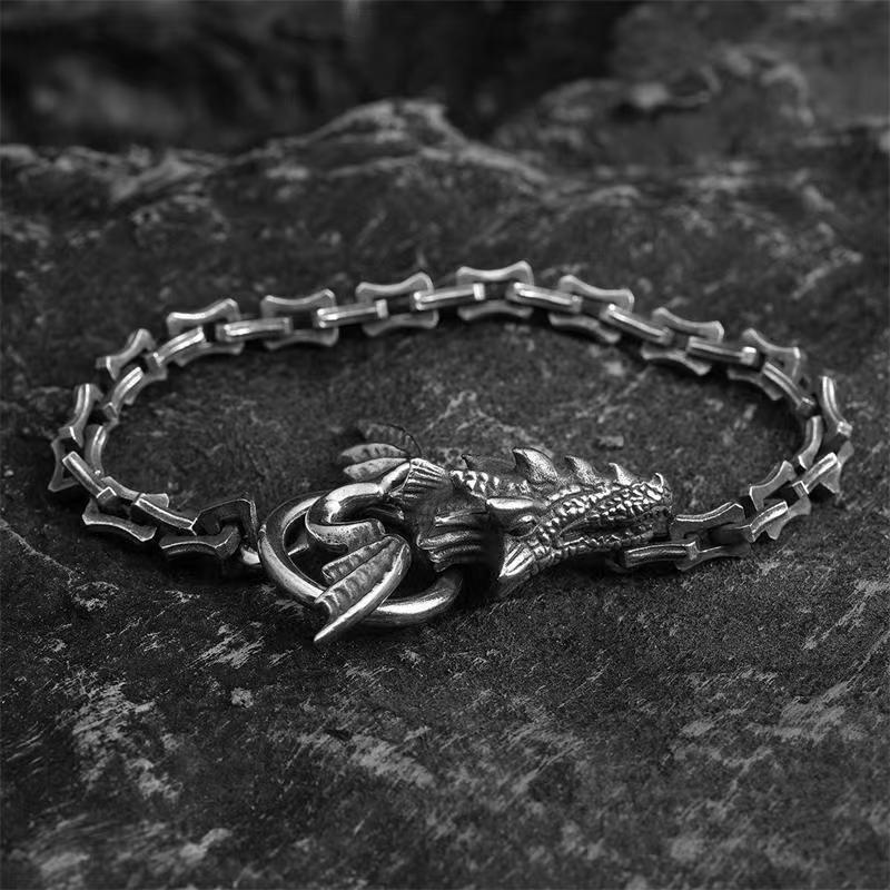 Keel Bracelet Men's Aggressive Evil Dragon Head Too Horn Silver Bracelet Niche Handmade Design Vintage in stock