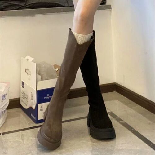 New thick-soled, high-top, wide-leg, figure-flattering, neo-Chinese velvet stretch boots—women’s long equestrian boots.