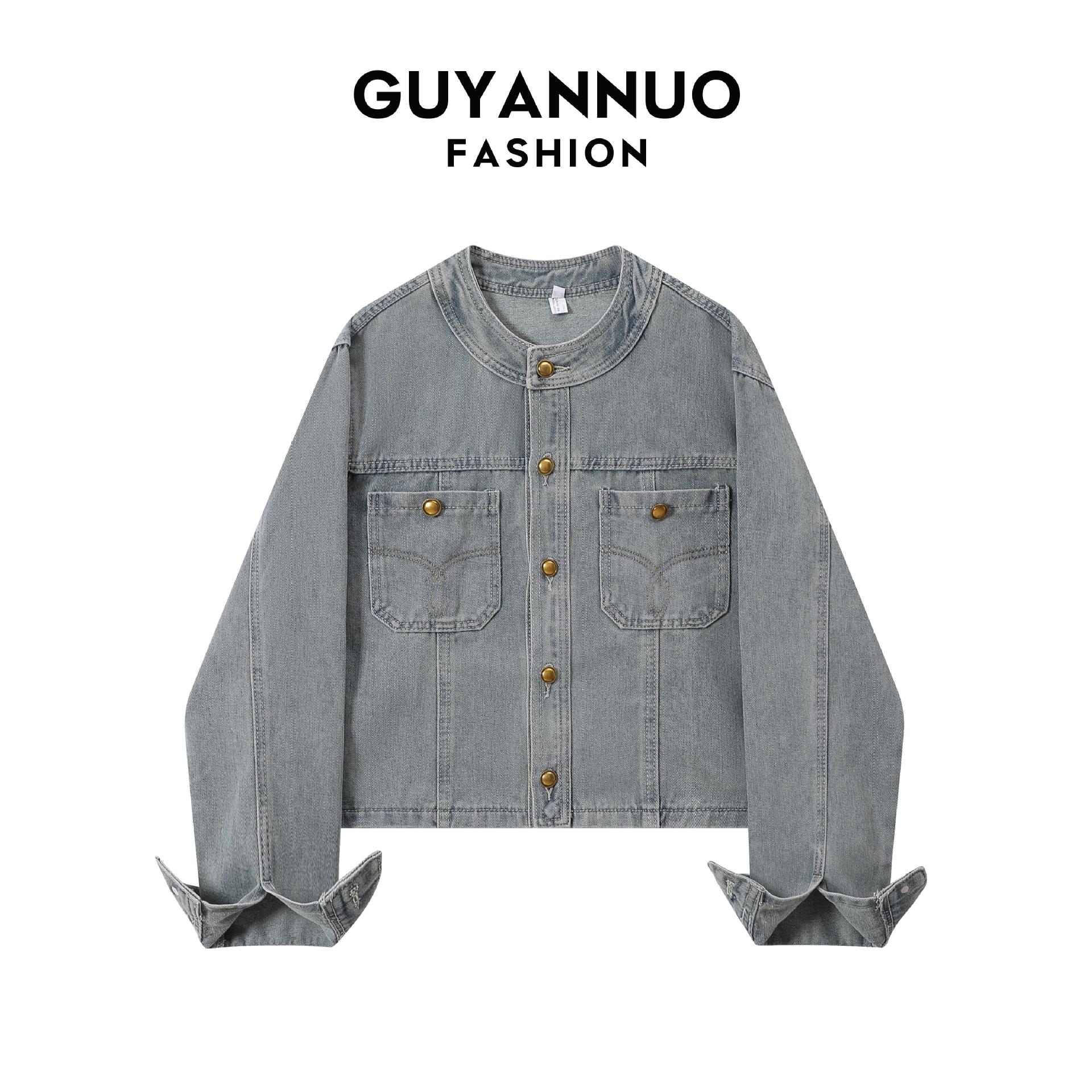 Blue denim autumn retro short jacket with a round collar