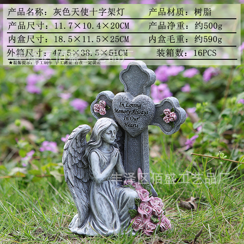 Estatuas de ángeles de oración retro transfronterizas lámparas solares cruz conmemorativa adornos cementerios de resina decorativos de jardín