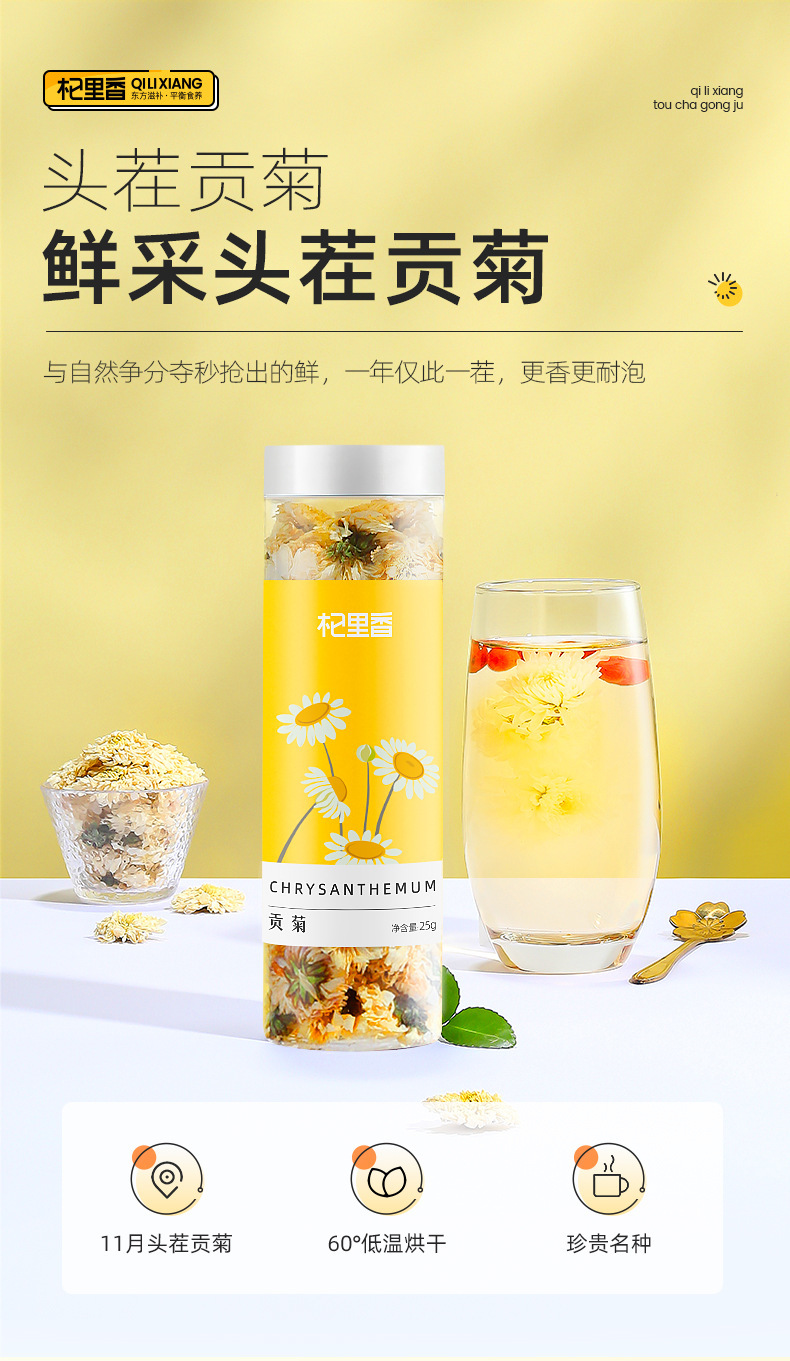 Huangshan Gongju White Chrysanthemum Flower Tea 25g Jar Dried Chrysanthemum for Daily Herbal Tea overview