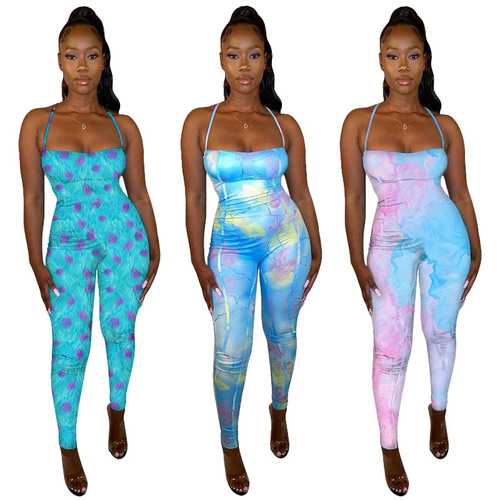 K9832 Amazon European and American cross-border fashion women's pants sexy suspenders backless printed jumpsuit 2023 new