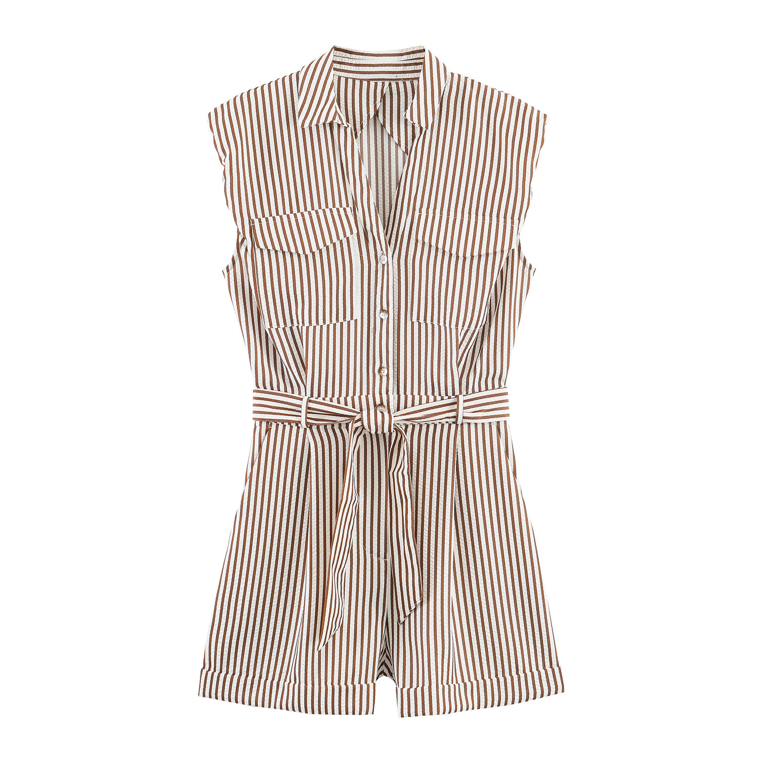 European and American style cross-border summer new French retro fashion commuter style striped shorts sleeveless jumpsuit with belt