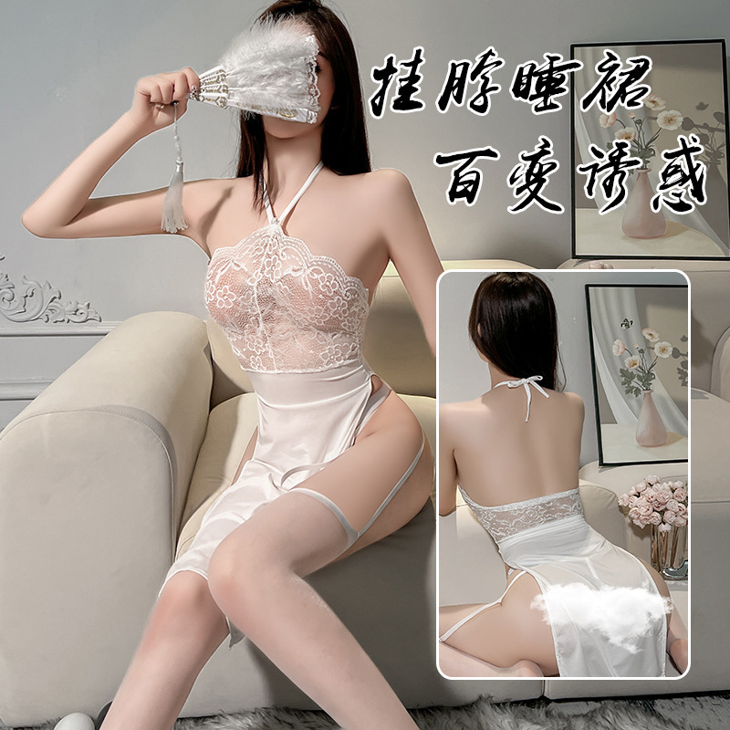 섹시한 속옷, 레이스 튜브탑, 시스루 유혹 잠옷, 섹시한 슬릿 롱 스커트, 홀터넥 레이스 유니폼 슈트