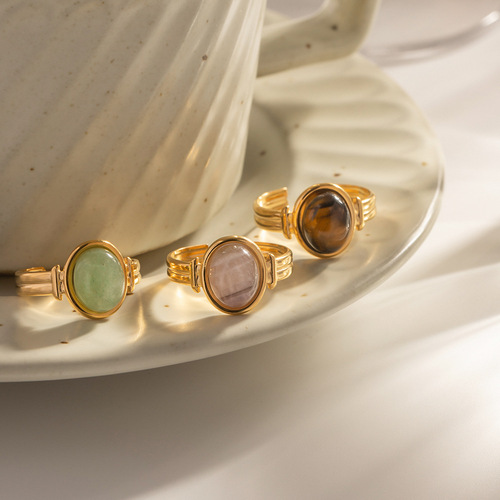 Elegant European and American Instagram-style ring: Oval semi-precious stone open-ring, cross-border fashion design—versatile for women, made from durable titanium steel that won’t fade.