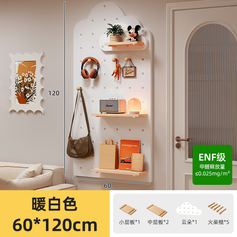 Estante de tablero de agujero de madera maciza, puerta de entrada, percha de pared moldeada, estante de exhibición de pared integrado