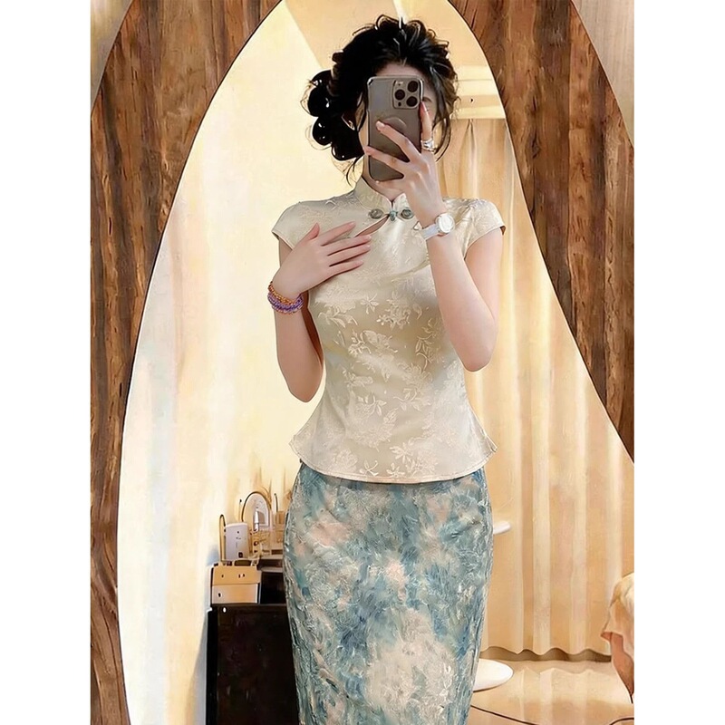 New Women's Clothing: Beige Cheongsam Top and Mamian Skirt Set, Summer Style, Suitable for Daily Wear, Improved Hanfu