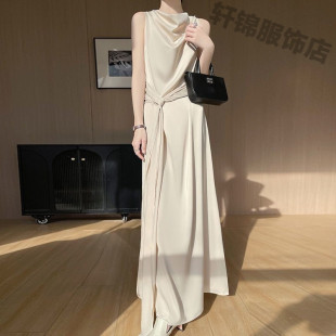 [Waist Slimming Look] High-End Summer Design French Commuter Satin Texture Waist Slimming Look New Style Sleeveless Waist Slimming Look