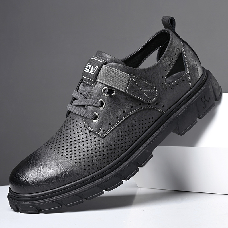 Men's 2025 New Summer Hollow Breathable Clogs Soft Sole Casual Leather British Workwear Shoes For Men_voghion.com