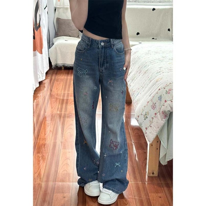 【新塘牛仔全店现货】美式复古卡通直筒牛仔裤女高腰显瘦宽松阔腿|undefined