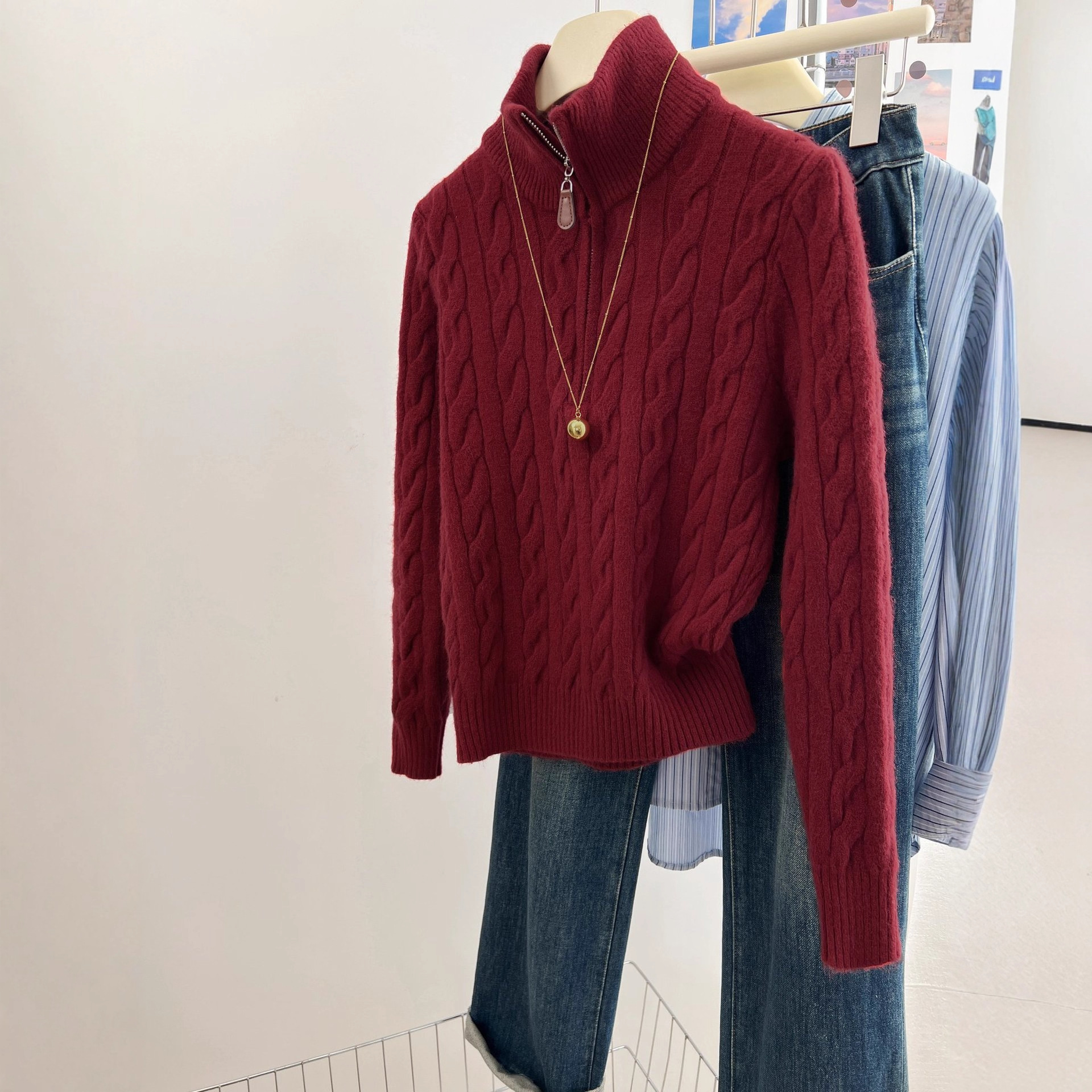 Suéter de Punto con Cuello Solapa y Cierre de Acrílico para Otoño e Invierno