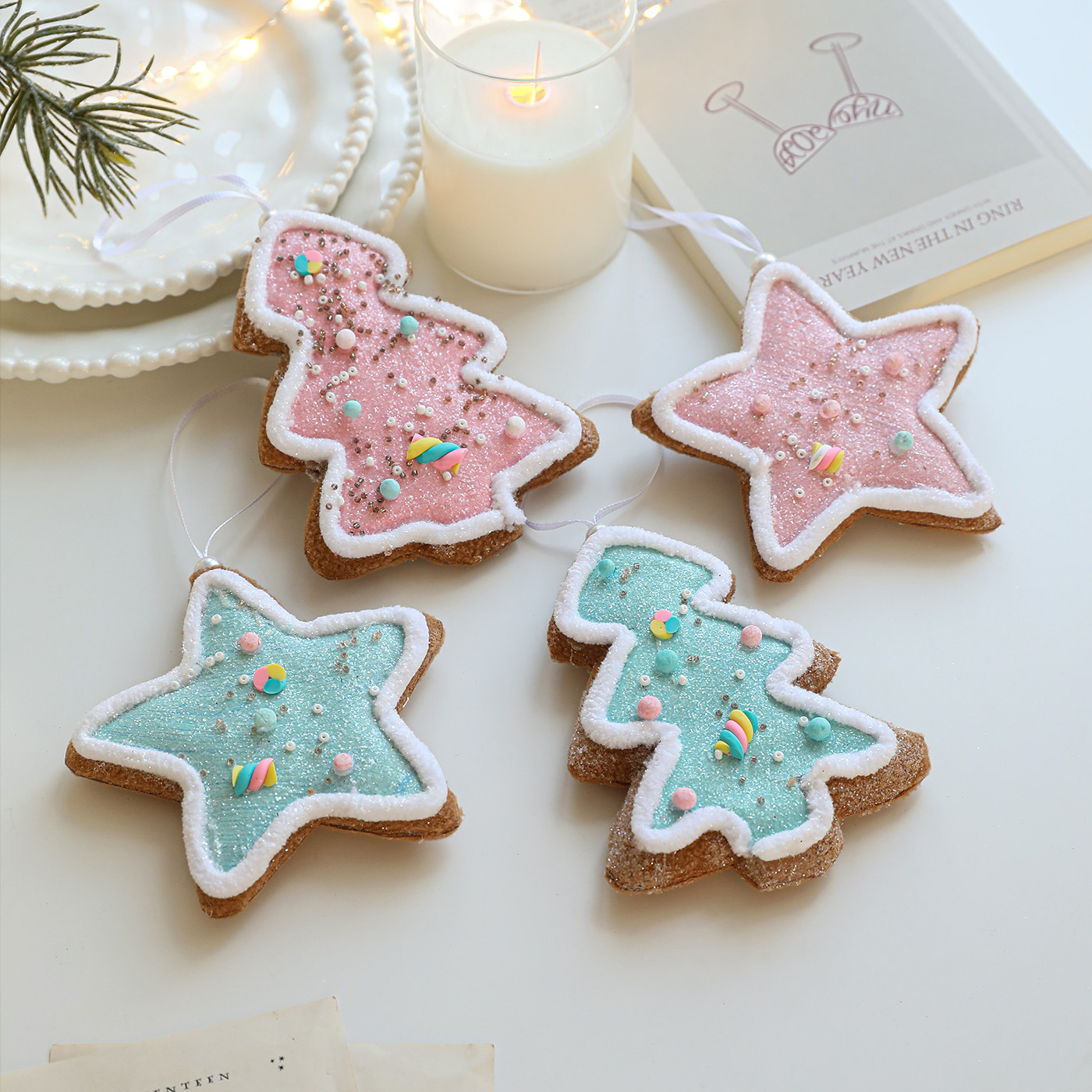 Nuevos colgantes de espuma azul rosa de cinco puntas colgantes de árbol de Navidad polvo adhesivo decoración accesorios de diseño de atmósfera
