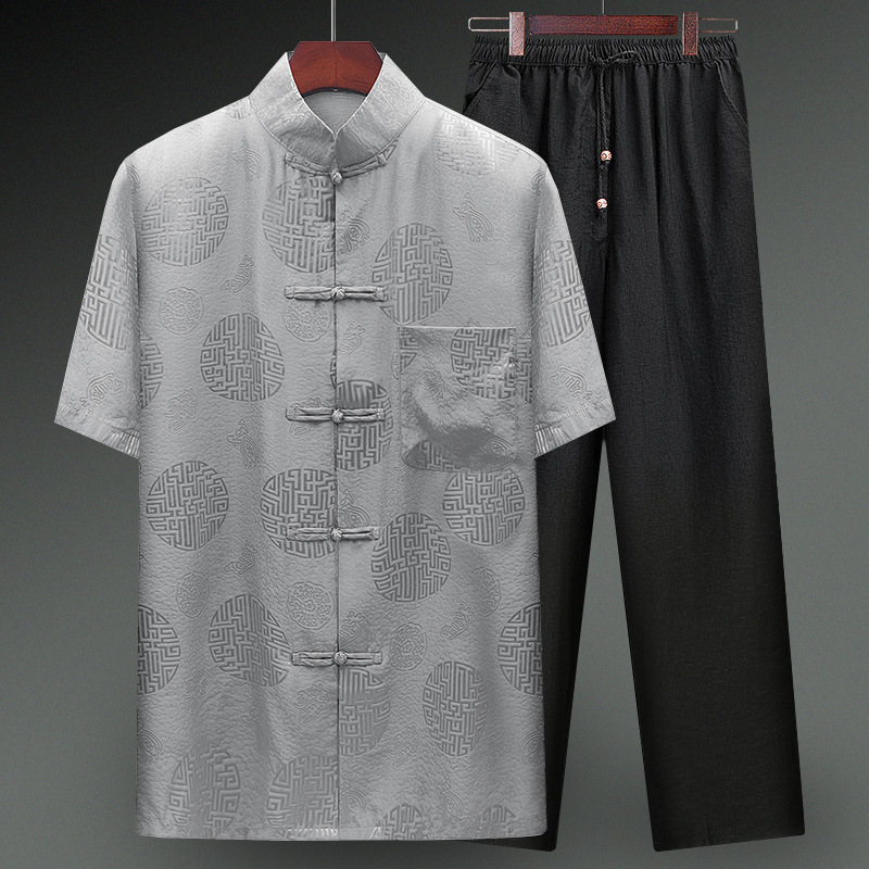 Men's short-sleeved Tang suit made of mulberry silk, suitable for middle-aged and elderly men, Chinese style father suit, summer elderly silk clothing