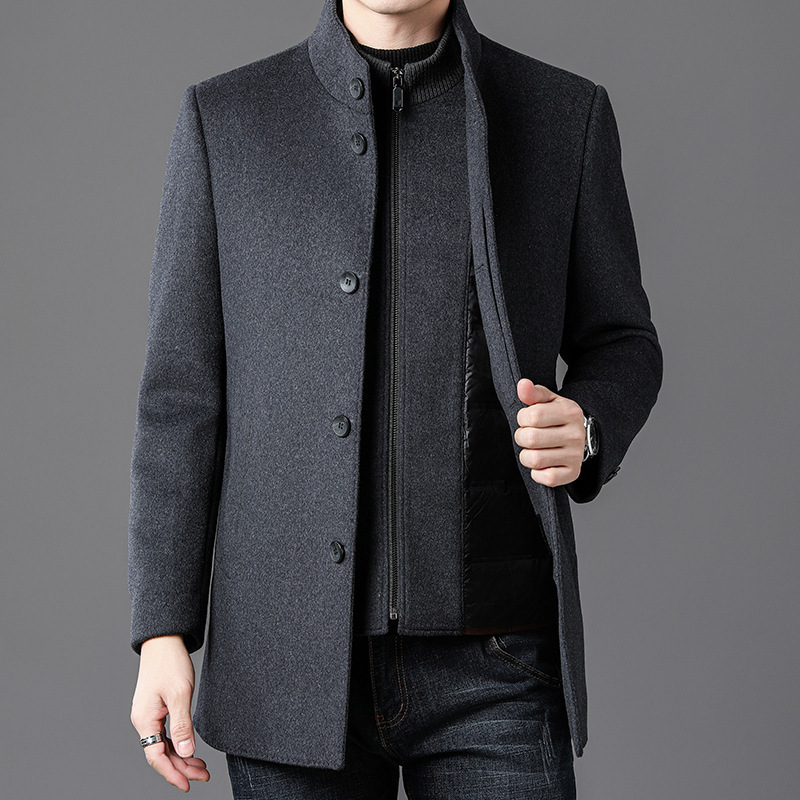 Double-Sided Cashmere Outwear for Men, Medium and Short, Fashionable Stand-Up Collar Woolen Windbreaker, Accessible Luxury Business Casual down Liner Jacket
