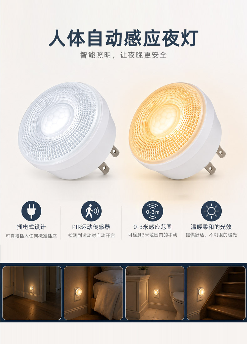 小夜灯光控人体感应插电式柔光节能护眼卧室起夜床头灯睡眠插座式