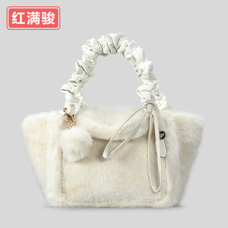 洋气时尚简约毛毛包软乎乎云朵斜挎包猪大肠褶皱肩带毛绒手提包女|undefined