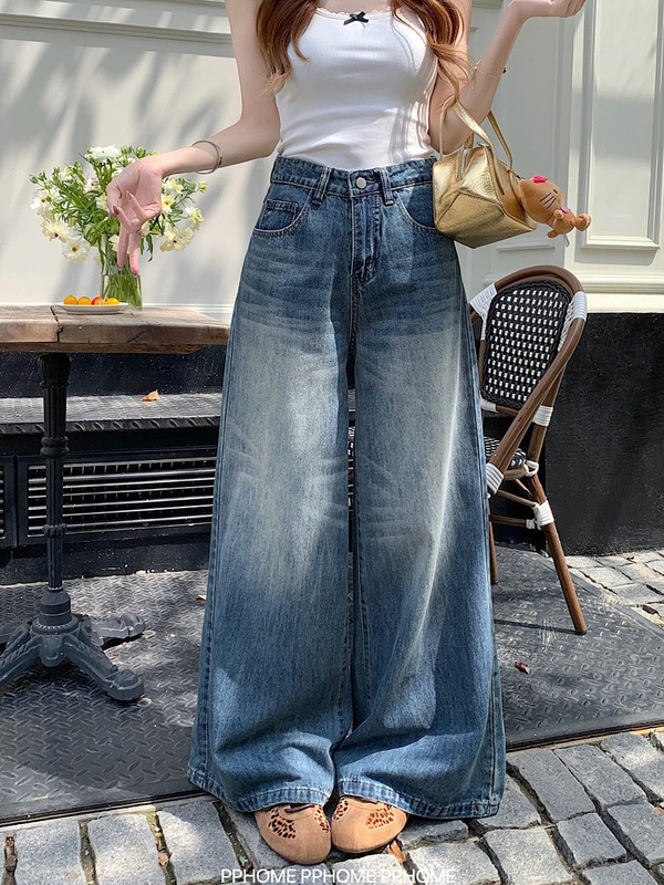 2025调性牛仔 复古水洗做旧牛仔裤垂感阔腿直筒显瘦长裤女百搭时|undefined