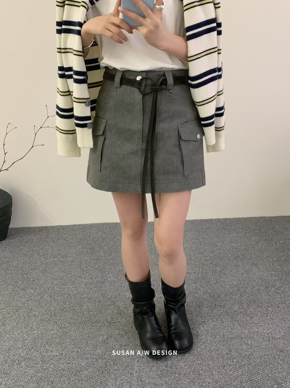 苏珊 韩版双口袋工装a字短裙女2025早秋高腰遮胯显瘦半身裙25075|undefined