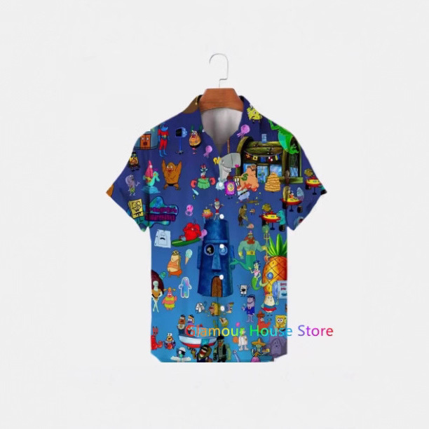 New Men's Lapel Short-Sleeved Hawaiian Shirt Summer Spongebob Pattern Print Harajuku Casual New Men's Lapel Short-Sleeved Hawaiian Shirt Summer Spongebob Pattern Print Harajuku Casual