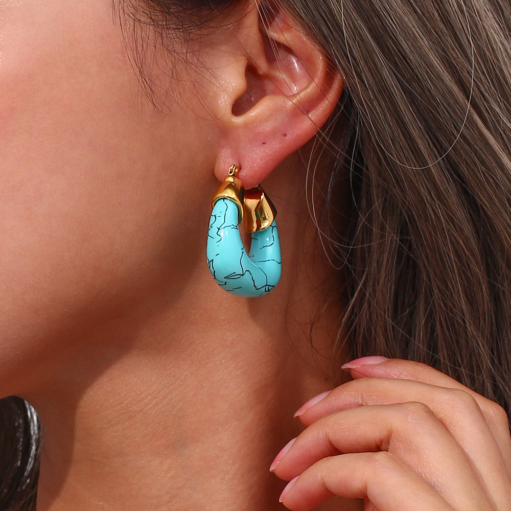 1 Pair Vintage Style Geometric Plating Stainless Steel Turquoise Earrings display picture 5